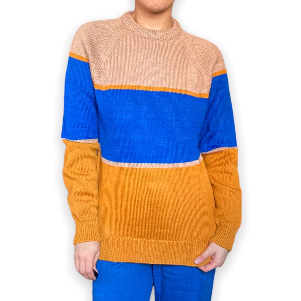 Vintage 80s Colorblock Sweater, Long Sleeve Size S Acrylic Crew Neck